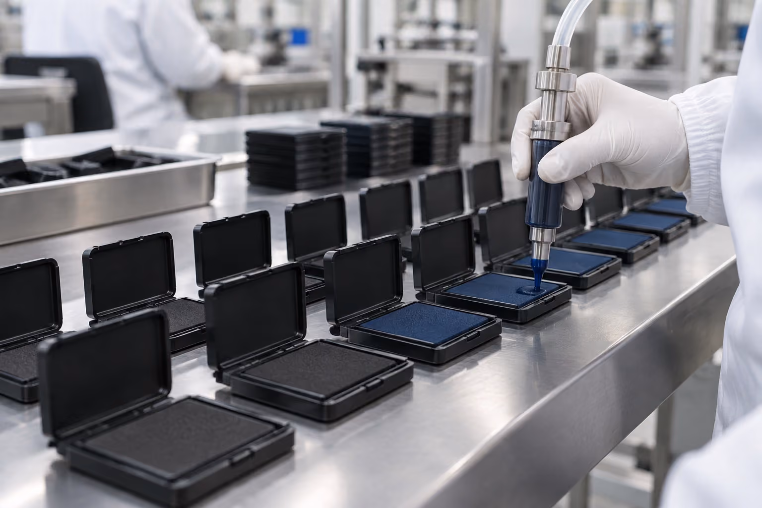 Línea de producción de Xfingerprints llenando almohadillas de tinta para huellas