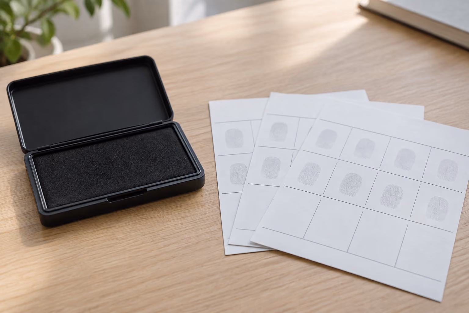 Fingerprint ink pad and a set of ten-print cards on a desk