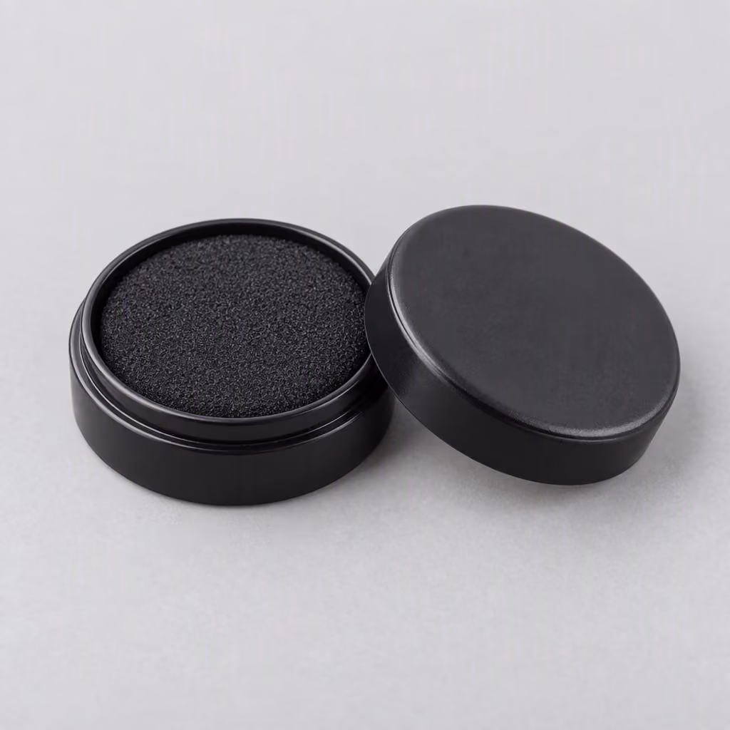 Round fingerprint ink pad with its protective lid removed