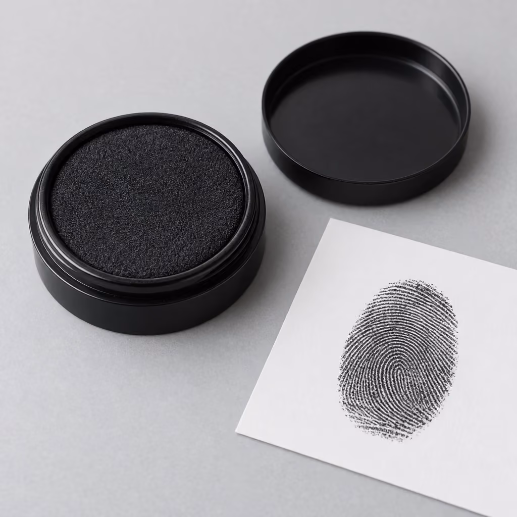 Round fingerprint ink pad with its protective lid removed
