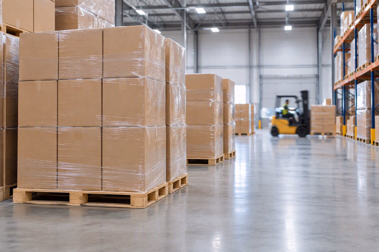 Palletised cartons of fingerprint ink pads ready for wholesale dispatch